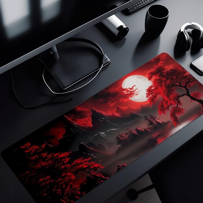 Darkness Red Moon Mouse Pad Abstract Red Mouse Pad 31.5x11.8 Inch Texture Non-Slip Rubber Base Large Mousepad Stitched Edges Keyboard Mouse Mat Desk Pad for Office and Home (Darkness 3)