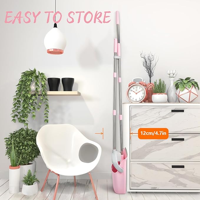 OOOFLOWER Broom and Dustpan Combo Set, Long Handle and Standing Dust Pan with Comb Teeth, Efficient Floor Cleaning for Kitchen, Outdoor, Dorm, Apartment, Office Lobby (Pink Gray)