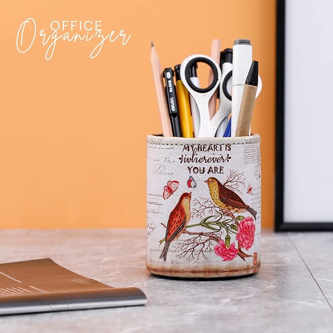 Pen Organizer for Desk, PU Leather Cute Pen Holder for Cosmetics Office Supplies, Gifts for Mom Wife Grandma, Love Birds PH83