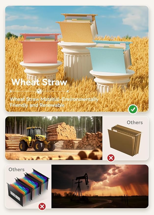 Wheat Straw Expanding Hanging File Folders, File Organizer, 1.2" Accordion Pockets, Large Capacity, Letter Size for Filing Cabinet, 100% BPA Free, Return to Nature, Healthy Living-Pink