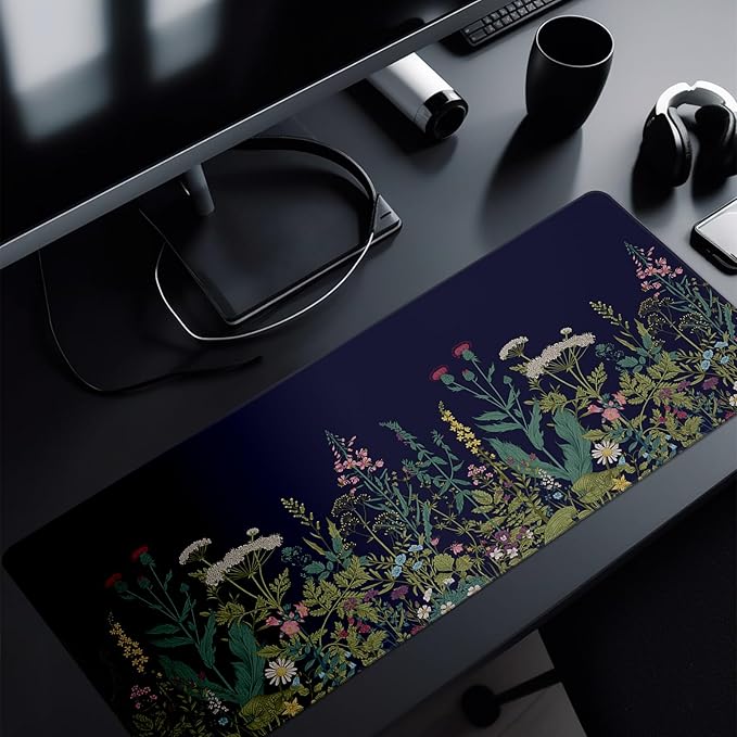 Wildflower Mouse Pad Abstract Black Mouse Pad 31.5x11.8 Inch Flower Texture Non-Slip Rubber Base Large Mousepad Stitched Edges Keyboard Mouse Mat Desk Pad for Office and Home