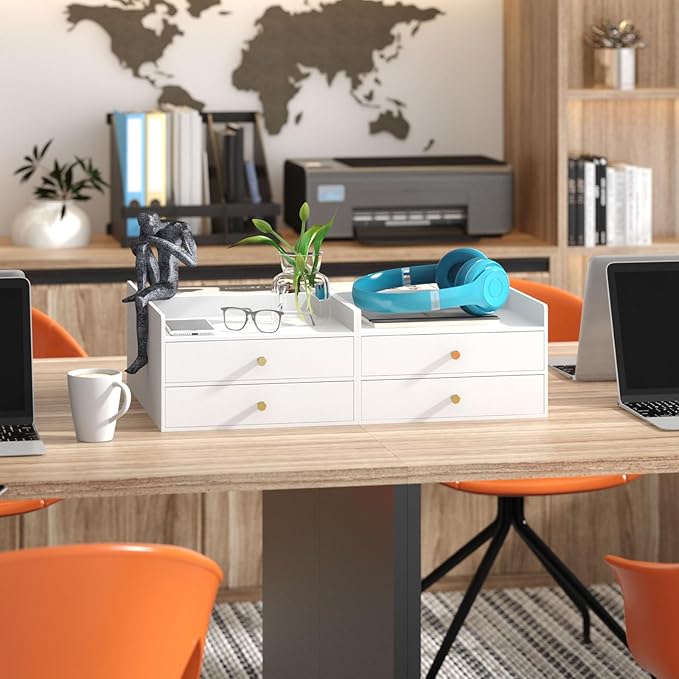 Bamboo Desk Organizer with Drawers Wooden Desktop Storage Organization Box for Bills Office Supplies Kitchen Utensils Organizing Tool for Home Classroom Vanity, No Assembly Required (2 Drawers, White)