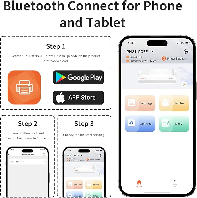 Rongta Portable Printer Wireless for Travel,300DPI Bluetooth Inkless Thermal Small Printer for Office/School/Home Use Compatible with Android,iOS & Laptop,Support 8.5" X 11" US Letter