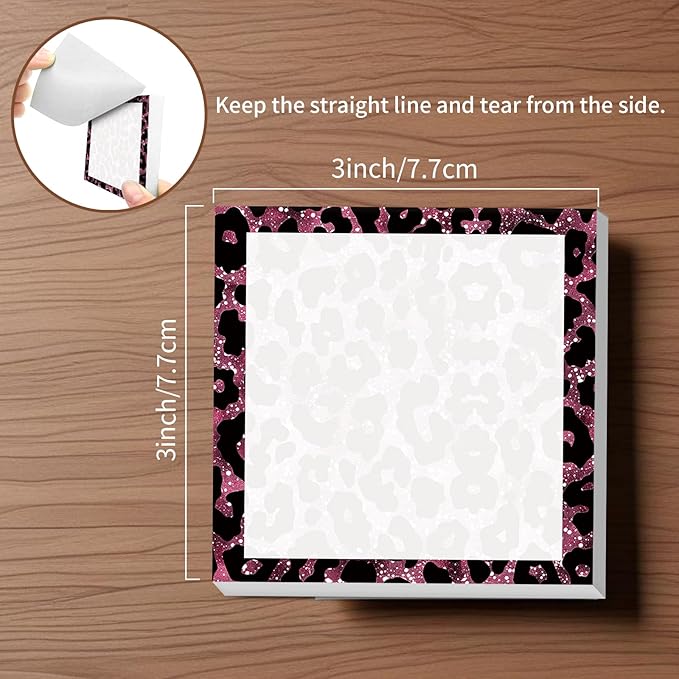 Sticky Notes, 2 Pads, 3x3 inches, Cute Colorful Fun Self-Stick Note Pads, Easy Post, Strong Adhesive Notepad Pink Glitter Leopard