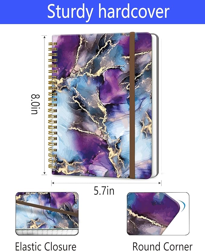 Spiral Journal Notebook, A5 Cute Notebooks for Women Men, College Ruled Hardcover Notebook for Work & Note Taking, 60 Pages Double-Wire Journals for Writing, Luxury Purple Marble