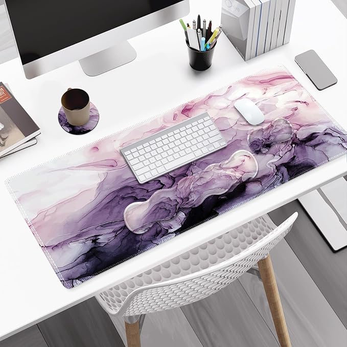 Gaming Mouse Pad Keyboard Wrist Support, 4 in1 Mousepad Set with Wrist Keyboard Rest, Computer Desk Mat, Non-Slip Desk Pad Protector with Memory Foam Easy Typing Pain Relief I Purple Marble
