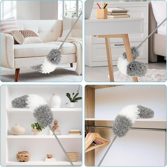 Microfiber Feather Dusters for Cleaning, Duster with 100 inch Extension Pole, Cobweb Cleaner Duster Tools with 2 Microfiber Heads, Long Aluminum Telescoping Pole for Ceiling Fan Blinds Furniture Cars
