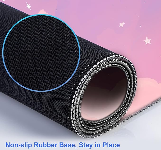 Cute Anime Cloud Desk Mat, Beautiful Pink Stitching Edge Non Slip Rubber Mouse Pad, Suitable for Female and Girl Office Decoration 35.4 x 15.7 x 0.12 Inches