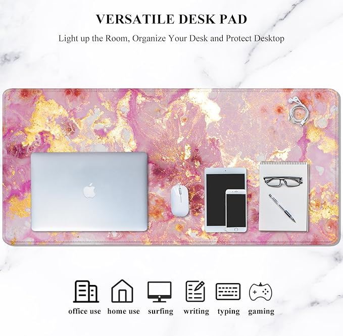 Auhoahsil Large Mouse Pad, XXL Gaming Mousepad, Desk Mat for Desktop, Thick Rubber, Big & Long Size, Stitched Edges, Full Desk Pad for Laptop & Computer, Extended 35.4 x 15.7 in, Pink Gold Marble
