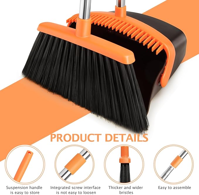 XXFLOWER Broom and Dustpan Set,Dustpans with Broom Combo for Home,Heavy Dust Broom and Dustpan Combo,Long Handle Dust Pan and Broom Set for Kitchen Office,Pet Hair(Brown Orange)