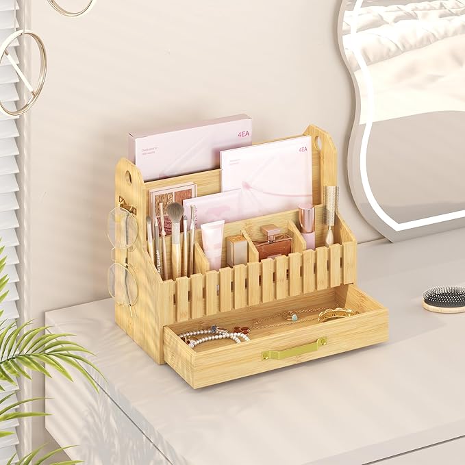 Bamboo Mail Organizer Countertop with Drawers, Wood Desk File Organizer Desktop Paper Organization Storage Bill & Letter Sorter Holder for School Home Office Supplies, No Assembly Required (Nature)
