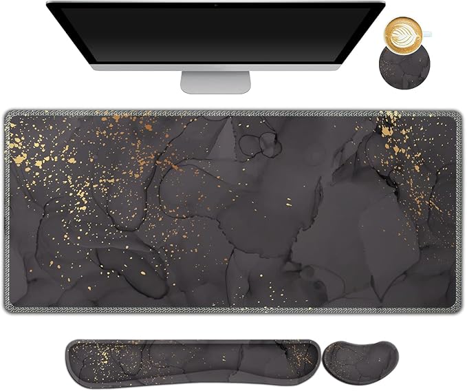 ARTSO Gaming Mouse Pad Wrist Support Set, XXL Large Desk Mat Mousepad + Keyboard Wrist Support+ Mouse Wrist Rest+Coaster 4in1 Ergonomic, Memory Foam, Stitched Edge for Home Office -Black Grey Marble