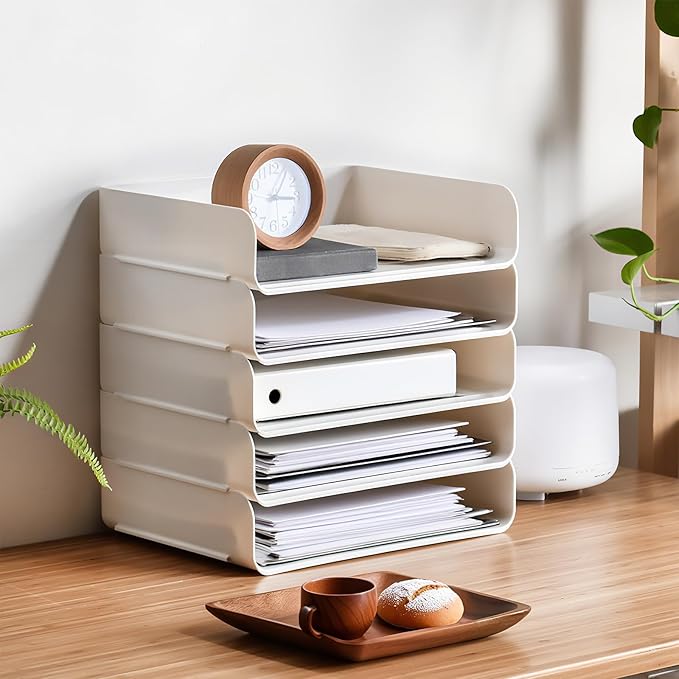Okllen 3 Pack Stackable Desktop Letter Tray, 3 Tier Paper Document Tray Organizer, White Plastic Desk File Rack for A4 Paper, Magazine, Receipts, Office Supplies
