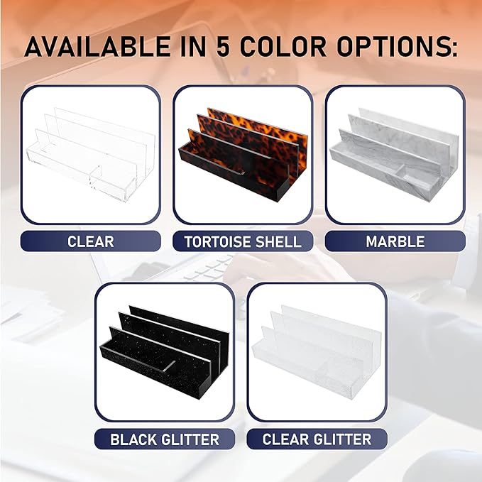 Acrylic Desk Organizer for Office Supplies and Desk Accessories, 12.5” x 5.5” x 4” and 5mm Acrylic Valet to Organize Documents, Mail, Paper Clips, Sticky Notes, Tablet, Other Storage (Clear Glitter)