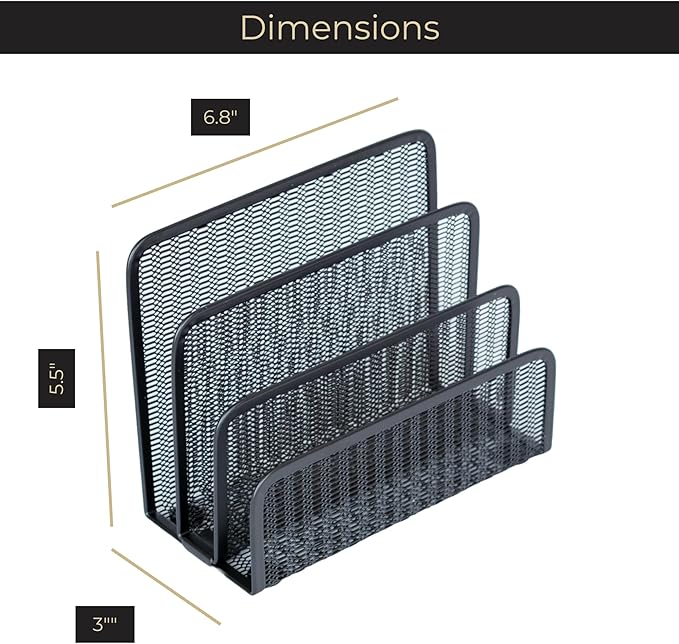 BLU MONACO Black Metal Mesh Letter Sorter – 3-Slot Mail Organizer for Desk, Office & Home – Space-Saving Vertical Mail Holder for Envelopes, Documents & Files – Sleek Desk Organizer