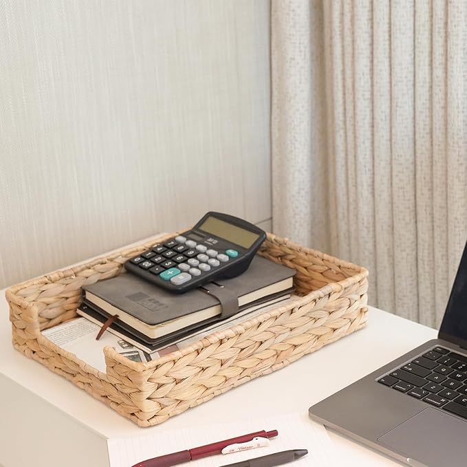 Set of 2 Water Hyacinth Letter Tray for A4 File Desk Mail Letter-Size Paper, Basket Woven Organizer, Magazine Files Storage, Office Document Organizer and Storage