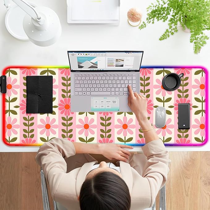 RGB Pretty Pink Flowers Gaming Desk Mat, Computer Keyboard Large Extended Long Floral LED Mouse Pad for Office and Home, XL (W11)