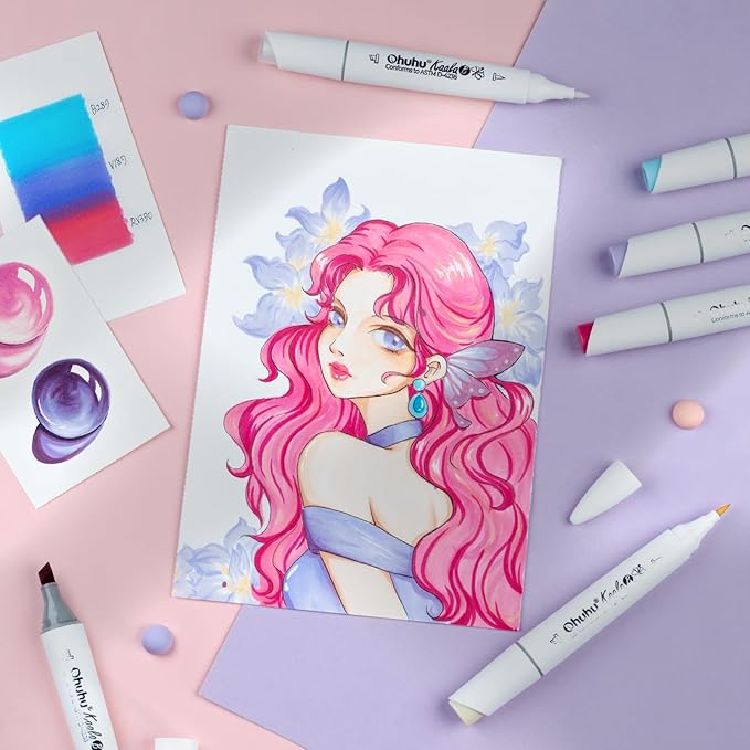 Ohuhu Alcohol Markers: Mini Brush & Slim Broad 60 Illustration Colors Dual Tip Brush Tip Alcohol-based Art Marker for Artists Adults Coloring Illustration- Refillable - Kaala B Series of Ohuhu Markers