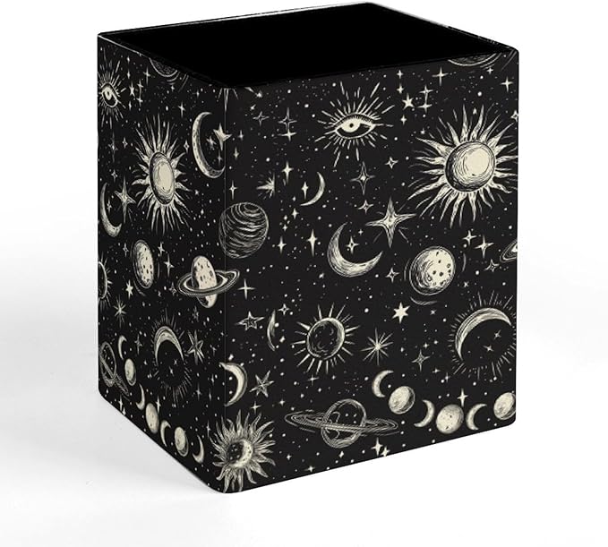 Square Pen Holder & Pencil Organizer for Desk - Office Storage Organizer, Markers/Makeup Brushes/Scissors Holder, Compact Desk Decor Accessories for Home Classroom School(Stars Moon Sun)