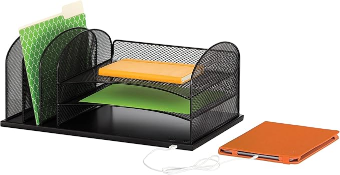 Safco Products 3231BL Onyx Desktop Organizer with USB Charging Port, 3 Section File Sorter, 3 Paper Trays, Durable Steel Construction, Black