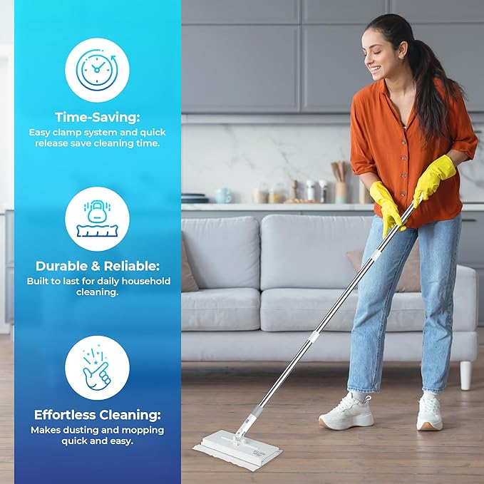 CleanMattix - FlexiClamp Sweep & Mop Kit - Compatible with Swiffer Pads, Durable Cleaning Tool for Hardwood, Tile, Marble & Laminate Floors, Home, Kitchen Cleaning Essentials. (Include 10 Dry Cloths)