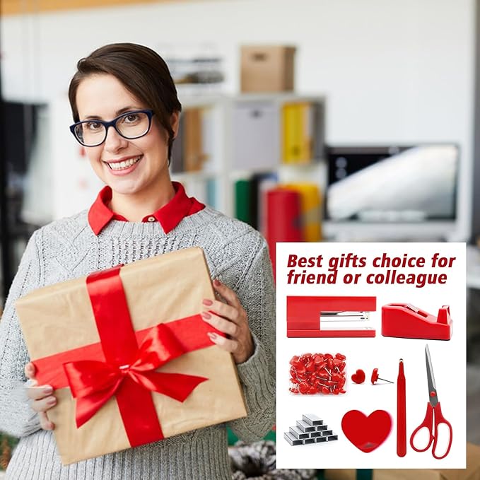 Red Desk Accessories, Red Office Supplies,Stapler and Tape Dispenser Set, Red Desk Accessory Kit, Gift for Students, Women, Coworkers, Boss Lady, Office Clerks