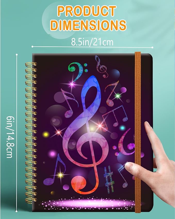 Ruled Spiral Writing Notebook,A5 Hardcover Lined College Journal for Women,Strong Twin-Wire Binding with Premium Paper,8.4" X 6",Perfect for School,Office,Home(Colorful Purple Music)