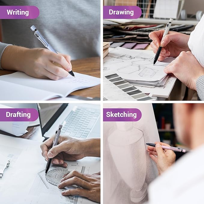 WRITECH Up Mechanical Pencil Set: 4ct Colorful Barrel 0.7mm Mechanical Pencils with 4 Tubes of HB Lead Refills and 4 Extra Erasers for Writing Drawing Sketching Drafting