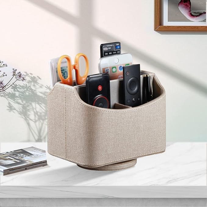 Remote Control Holder, Swivel Desk Organizer and Decorations for Living Room, Bedside Table Organizer Remotes Caddy for TV Controllers/ Stationery/ Art Supplies/ Pen, PU Leather Room Decor Aesthtic