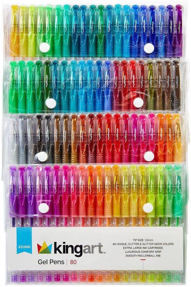 KINGART 400-80 GLITTER Rollerball GEL PENS, 80 Sparkling Colors with Soft-Grip Comfort, XL Ink Cartridge - For Coloring, Doodling, Scrapbooking, Journaling and General Use, All Ages, 80 Pens
