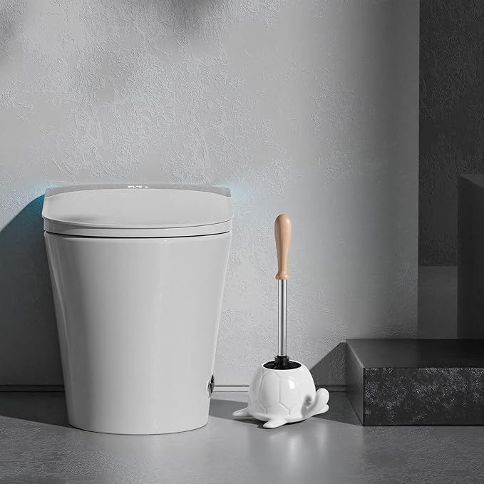 White Ceramic Turtle Base Toilet Brush and Holder Set - 7.5" Cute Toilet Bowl Cleaner Brush, Ergonomic Handle Toilet Bowl Brush and Holder for Home & Commercial Use, Bathroom Brush