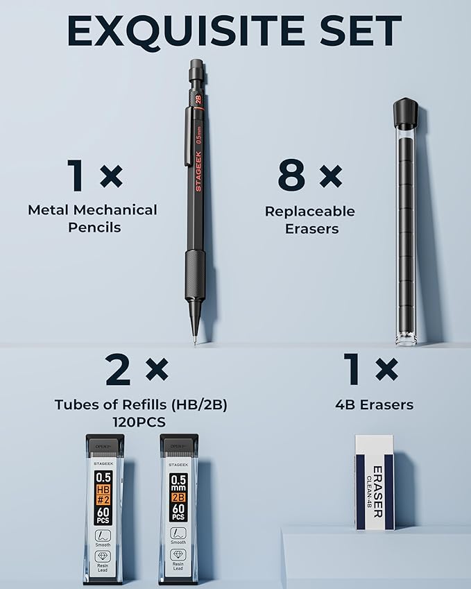 Mechanical Pencils 0.5 with Case, Metal Weatherproof Body Outdoor Artist Mechanical Pencil with 120 PCS HB & 2B Lead Refills, Eraser, for Writing Drafting Drawing and Sketching