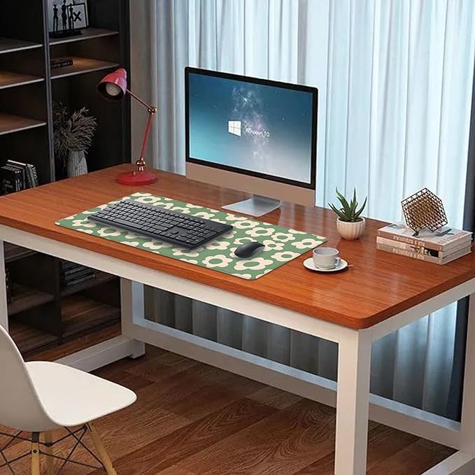 Green Daisy Flowers Desk Pad Mouse Pad,Large Daisies Floral Mouse Mat with Stitched Edges,Non-Slip Rubber Base Mousepad for Office PC Keyboard Laptop and Home Work Desk Mat(27.5X11.8 in)
