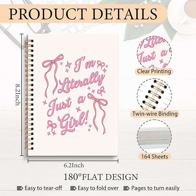 Coquette Preppy Pink Notebook Journal, I'm Literally Just a Girl Coquette Pink Bow Aesthetic Journal Notebooks for Note Taking, Girly Office Supplies, Preppy Spiral Notebook 5.5x8.3 Inch