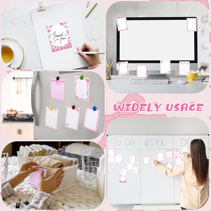 24 Pcs Pink Bow Sticky Notes with Pens Coquette Bow Themed Self Adhesive Notepad Black Ink Ballpoint Pen Office Supplies Coquette Gift for Birthday, Bachelorette, Bridal, Engagement