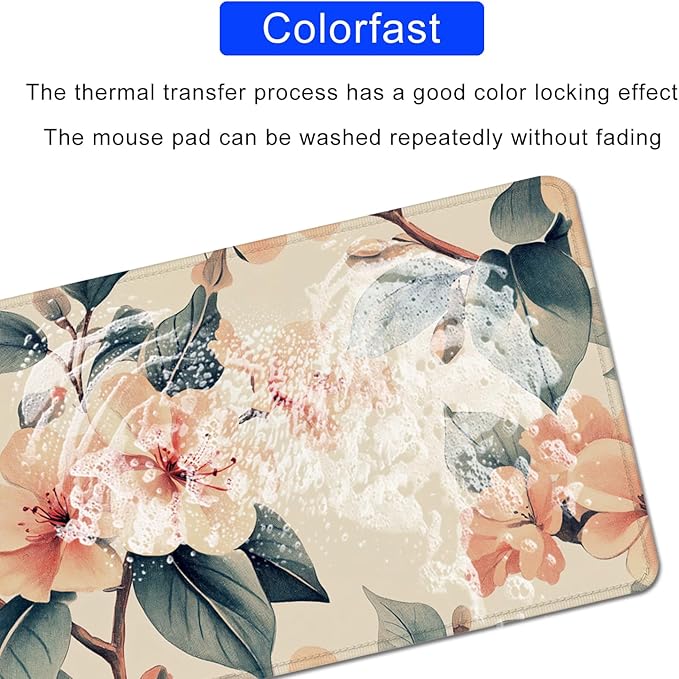 Peach Blossoms Mouse Pad Desk Mat,Floral Mouse Pad Desk Mat,Large PC Mouse Pads Gaming Mousepad with Non-Slip Stitched Edges Rubber Base for Office,Gaming Room,Computer,Keyboard,Laptop