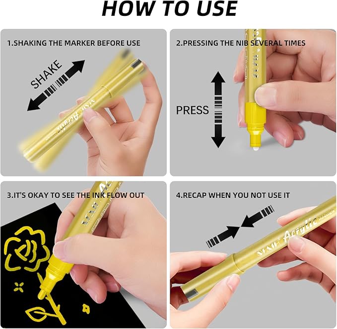 SFAIH Acrylic Gold Paint Pens - 8 Pack 2-3MM Medium Tip & 0.7MM Extra Fine Gold Markers Permanent for Rock, Wood, Metal, Fabric, Plastic, Glass, Ceramic, Diy Crafts, Large Ink Capacity, High Coverage