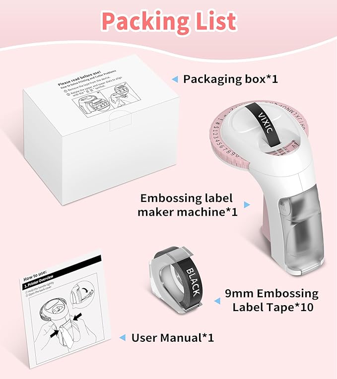 Vixic Embossing Label Maker Machine with Tapes, Vintage Embossed Label Maker, Retro Embossing Machine with 10 Rolls 9mm 3D Embossing Label Tapes for Home Office Kids DIY Crafting School, Pink