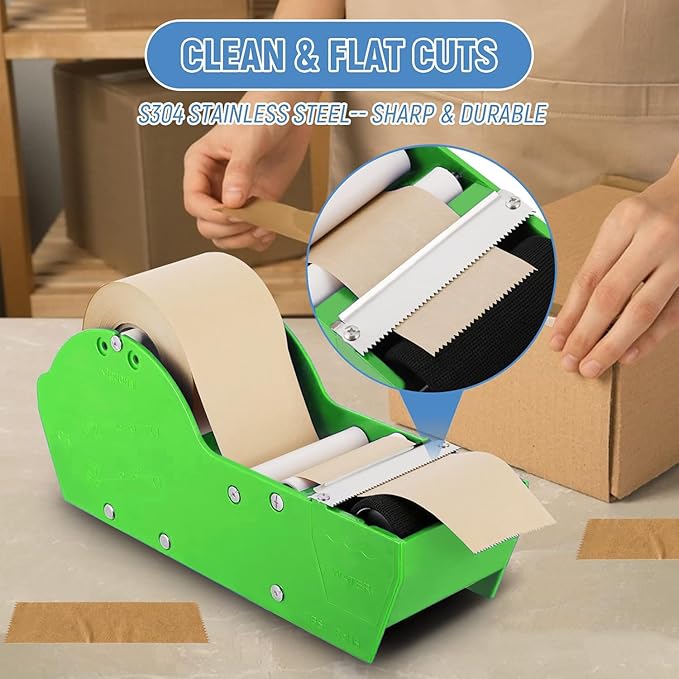 Water-Activated Tape Dispenser, Manual Kraft Gum Tape Dispenser, Width Adjustable 1.18-3.15", Light Weight & Portable Packing Tape Dispenser Set, Green