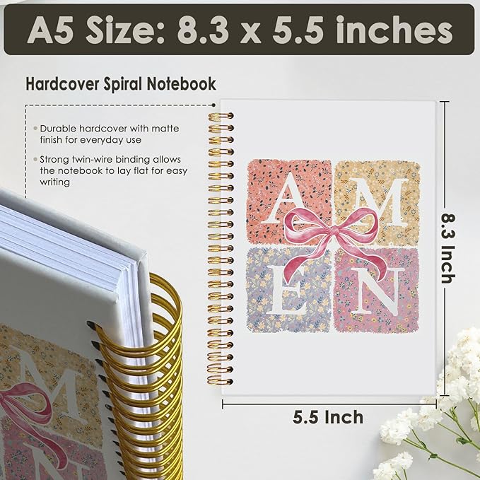 Coquette Pink Bow Amen Christian Spiral Notebook, Notebook for Bible Notes, Church Notes Notebook Journal, Christian Floral Hardcover Notebooks 5.5x8.3