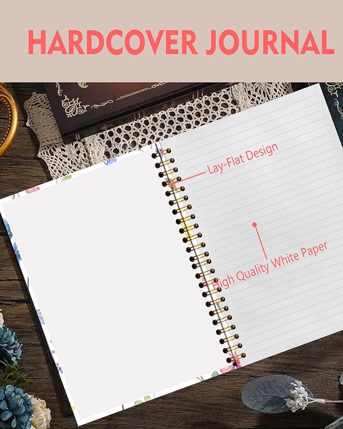 Spiral Notebook A5, Hardcover Journal for Women, 120 Pages Thick College Ruled Paper, Perfect for Office, School, or Home Use(Dragonfly and Flowers)