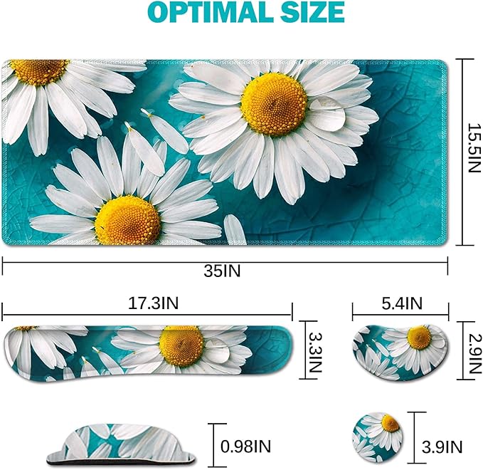 ARTSO Large Gaming Mouse Pad Set, Keyboard Wrist Rest Support + Mouse Wrist Cushion + Extended Mousepad + Coaster, 35x15.5in Multifunctional Desk Mat 4pcs, Cute Daisy