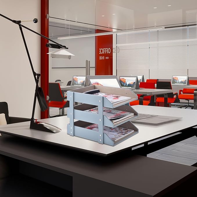 Leather Desk Organize Holder,3-Layer Stackable Letter Tray,Used to Store documents,Folders,Stationery,Magazines,Paper,and Other Home Office Supplies,Desk File Rack (Grey)