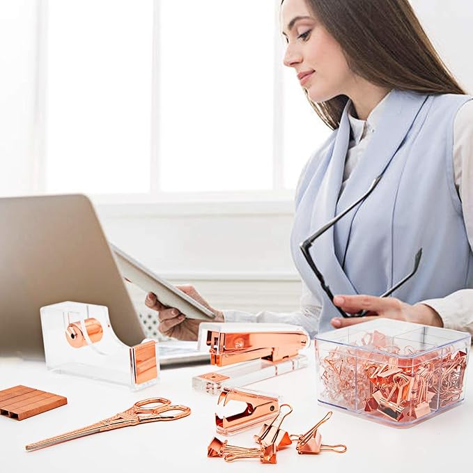 Rosegold Office Supplies Set,Package Contains Stapler,Tape Dispenser,Staple Remover,Scissors,Pen,Pen Holder,Binder Clips,Paper Clips,Push Pins and 1000pcs Staples