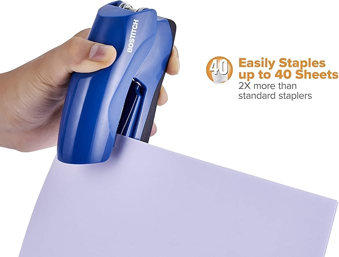 Bostitch Office Heavy Duty Stapler, 40 Sheet Capacity, No Jam, Half Strip, Fits into the Palm of Your Hand, For Classroom, Office or Desk, Navy Blue
