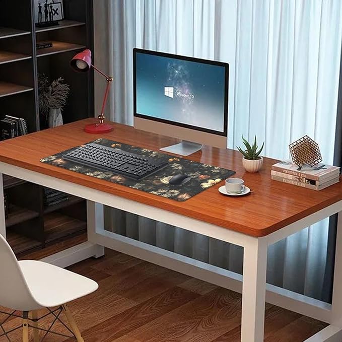 Black Background Flowers Desk Pad Mouse Pad,Large Floral Mouse Mat with Stitched Edges,Non-Slip Rubber Base Elegant Mousepad for Office PC Keyboard Laptop and Home Work Desk Mat(27.5X11.8 in)