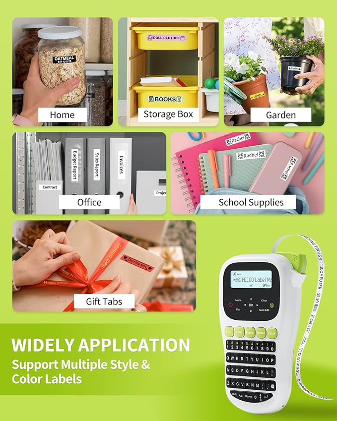 Vixic Label Maker Machine with-Tape, H1100 Handheld Label Maker Portable Labeler with Backlight Screen Keyboard for Home School Office Organization, Multiple Fonts Symbols Borders Easy to Use Inkless