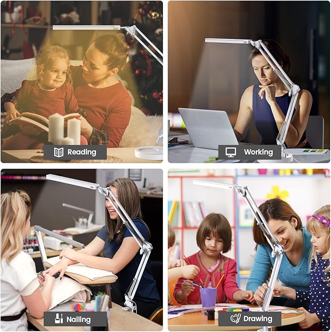 LED Desk Lamp for Home Office, Clamp-On with 3 Light Modes | 14W Adjustable Brightness 5000K Eye-Caring Lighting for Study/Bedroom/Computer Desk (White)