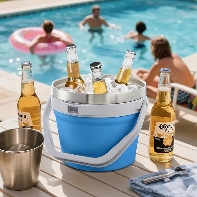 COKTIK 7L Insulated Ice Bucket with Lid,Double Wall Vacuum Stainless Steel Beverage Bucket Keeps Frozen Longer,Holds 6 Longnecks or 3 Bottles of Wine,for Cocktail, Champagne, Large Parties(Blue)