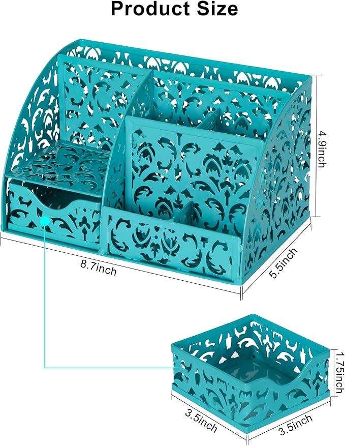 EasyPAG Pen Holder Desk Organizer with Drawer Pencil Cup for Desk 6 Compartments Metal Office Caddy Storage with Sticky Notes Holder for School Home Office, Dark Teal